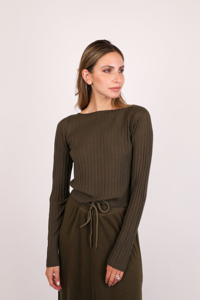 Wide Rib Cropped Boat Neck Sweater